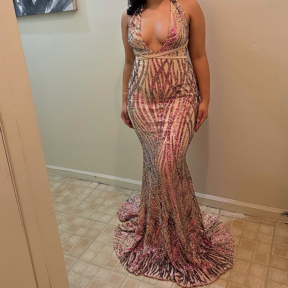 Plunge Pink Purple Sequin Mermaid Gown Prom Dress
